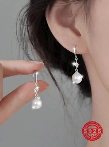 1 Pair Elegant S925 Sterling Silver White Pearl, Sparkling Cubic Zirconia, Golden & Silver Color Pendant Earrings, Vintage Fashion Style, Suitable For Girls, Party, Valentine's Gift, Daily Wear, Comes With A Exquisite Gift Box