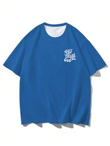 Camiseta casual de cuello redondo con estampado de letras para hombres de talla grande - azul real - Ver 1