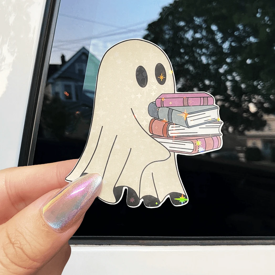 幽灵与书防水乙烯基贴纸 - 适用于 Kindle 保护套等，哑光表面 - 送给读者和书虫的完美礼物，可用于学校用品、返校用品、剪贴簿、趣味贴纸、笔记本电脑贴纸、手机贴纸 - 彩色 - 查看 1
