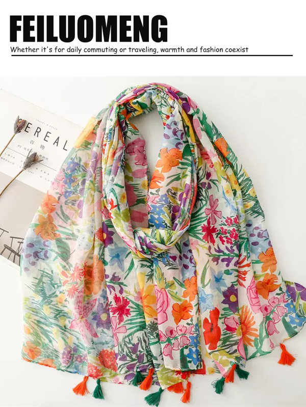 1pc Elegant Floral Print Linen Scarf/Shawl, Versatile Head Wrap, Shawl, Fashion Accessory, Sunscreen Beach Wrap For Women
