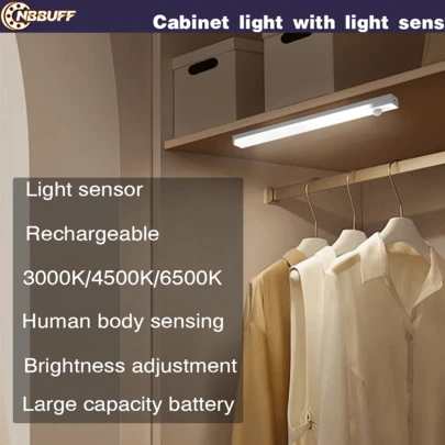 NBBUFF 3.94in-19.7in Cabinet Lighting, Rechargeable Motion Sensor Indoor Light, 4-Level Dimmable Magnetic Wardrobe Light With Light Sensor, Long Standby Time, 3000/4500/6500K Adjustable Wireless Under Cabinet Light For Kitchen, Stairs, Hallway