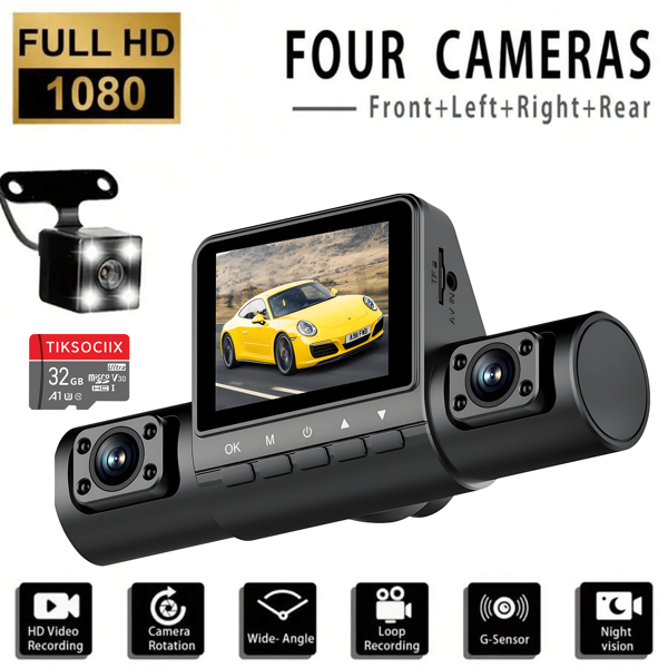 4-Kanal 1080P Auto Kamera DVR Videorekorder Dashcam mit Front-, Links-, Rechts-, Rückfahrkamera Nachtsicht Rundumaufnahme, 24h Parken Überwachung, inklusive kostenloser 32G Speicherkarte