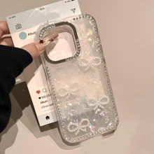 1 pieza Funda de lujo con diseño 3D de mariposa de perlas y rhinestones para iPhone 16/15/14/13/12 Pro Max/11, funda de teléfono con diseño de cristales brillantes y tacto premium