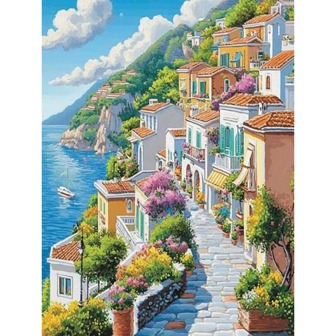 5D圆形钻石画套装 - 城镇风景主题，全钻帆布刺绣十字绣马赛克，墙面艺术家居装饰，工艺工具及用品，马赛克制作，钻石画套装及配件，圆形，帆布材质