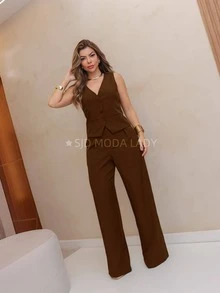 SJD MODA LADY Luis Twil Social Chic Set Vest With Fake Pocket And Pants - 鏽棕色 - 查看 3