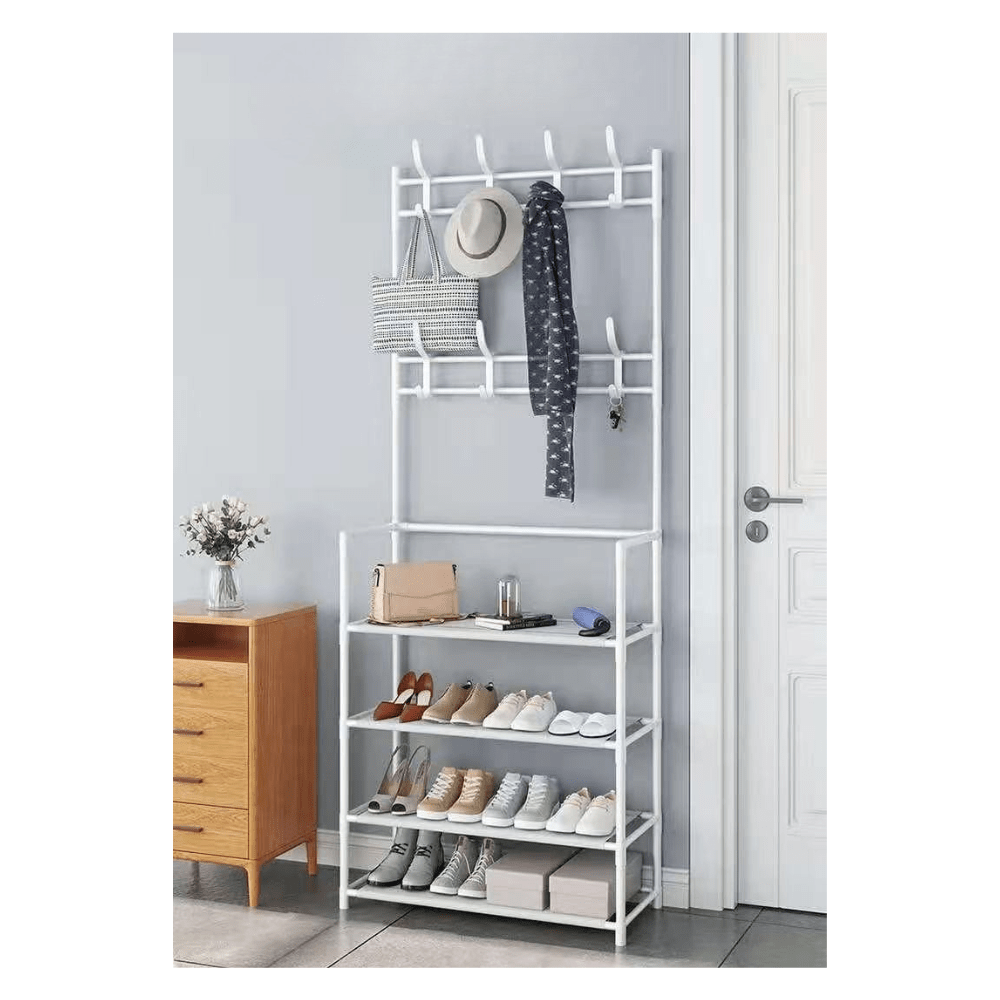 Zapatero blanco de 5 pisos con colgadores (perchero) 2 en 1, estantería fácil instalación estructura metal fino y plástico con separadores capa textil. Medidas 173 x 60 x 26 cm