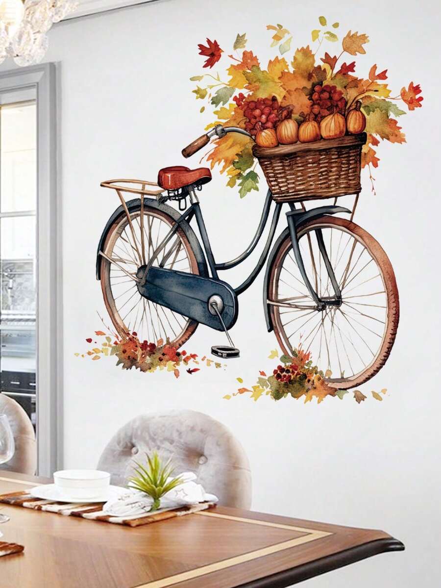 1 Sticker Self-Adhesive Wall Sticker Maple Leaf Bicycle Creative Home Decoration Painting Room Living Room Wall Wallpaper, Stickers, Wall Decal, Vinyl Decal For Home Decorations, Spring Decoration Items Refresh Your Home, Rama Decoration Stickers Kitchen Decor - Multicolor - View 1