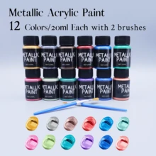 12-Color Metallic Acrylic Paint Set With 2 Brushes 20ml Tubes, Vibrant Pigments For Multi-Surface Use,For School Supplies,Back To School