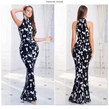 TOUCHGTINDAS  Elegant Flowers Sleeveless O Neck Evening Prom Dress Bodycon Sequin Mermaid Long Lining Party Gown Floor Length Dresses