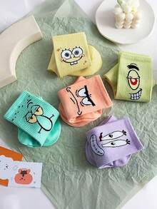 SPONGEBOB 1/3/5/10双装 女士海绵宝宝印花休闲短袜，趣味卡通图案，透气吸湿低帮，适合夏季日常穿着 - 彩色 - 查看 3