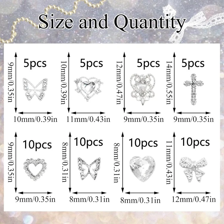60PCS Silver Nail Charms 3D Bows For Nails 8 Shapes Butterfly Nail Charms Shiny Crystal Heart Nail Charms Alloy Silver Nail - 銀色 - 查看 3