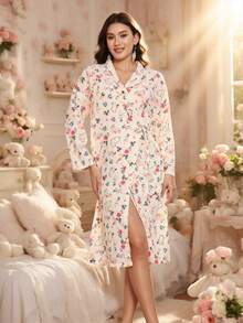 Damska sukienka-szlafrok w kwiaty – długi rękaw, dekolt w serek, miękka koszula nocna do domu i na jesień