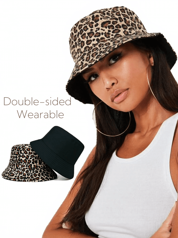 1 pieza Sombrero de cubo de mujer reversible estampado de leopardo negro, sombrero casual para exteriores adecuado para uso diario