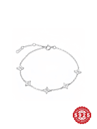 1 Pc Fashionable Cubic Zirconia 925 Sterling Silver Adjustable Four-Leaf Clover & White Diamond Bracelet, Gold/Silver/Rose Gold Color, Total Length 19.5cm, Adjustable 4cm, Suitable For Women, Couples, Daily Wear, Casual, Party, Travel, Elegant & Refined, Comes With Beautiful Gift Box