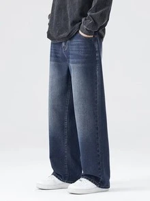 Teenage Boys' Loose Straight Leg Jeans, New Spring/Autumn Casual Washed Pants For Boys - Dark Wash - View 1