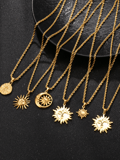 1 colar com pingente dourado em formato de sol, com corrente torcida de 60 cm/23,62 pol., adequado para homens, roupa de praia para o verão, presente para namorado ou formatura
