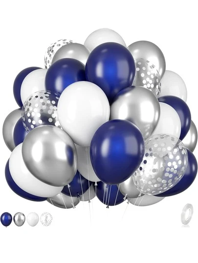 35pcs/Set 10/12inch Metal Tone Silver Balloons, Matte Navy Blue, White, Transparent Silver Glitter Confetti Balloons, Colorful Latex Balloons, Suitable For Anniversary, Birthday Party, Christmas Decor, Family Gathering, Outdoor Picnic, Graduation Party, Singles Party, Wedding, Valentine's Day Indoor And Outdoor Decoration