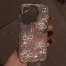 1 pieza Funda de lujo con diseño 3D de mariposa de perlas y rhinestones para iPhone 16/15/14/13/12 Pro Max/11, funda de teléfono con diseño de cristales brillantes y tacto premium
