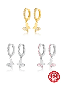 1 Paar hochwertige 925er Sterlingsilber Mikro-eingelegte Diamant Schmetterling Ohrringe, elegante chice Zirkonia Creolen, geeignet für Party, Geschenkgeben, täglichen Tragen, mit dekorativer Geschenkbox, Valentinstag Geschenk