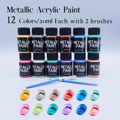 12-Color Metallic Acrylic Paint Set With 2 Brushes 20ml Tubes, Vibrant Pigments For Multi-Surface Use,For School Supplies,Back To School