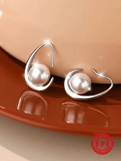S925 Silver Teardrop Pearl Stud Earrings, Silver/Gold Minimalist C-Shaped Earrings, Hypoallergenic Jewelry For Pierced Ears, Suitable For Elegant, Fashionable Women, Great For Valentine's Day, Birthday, Party, And Daily Wear, Come With A Delicate Gift Box