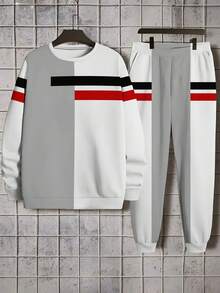 Conjunto de sudadera de cuello redondo a rayas negras y rojas para hombres, con diseño de patchwork, casual y de moda, adecuado para actividades al aire  deportes, ropa de otoño