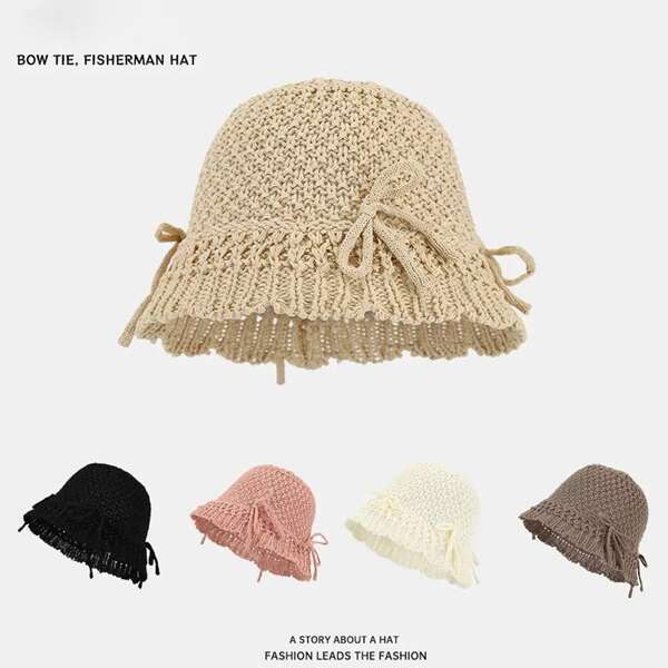 1 Pc Bow Decor Hollow Knitted Bucket Hat, Summer Casual Sun Protection Fishing Hat, Suitable For Daily, Festival, Beach Holiday