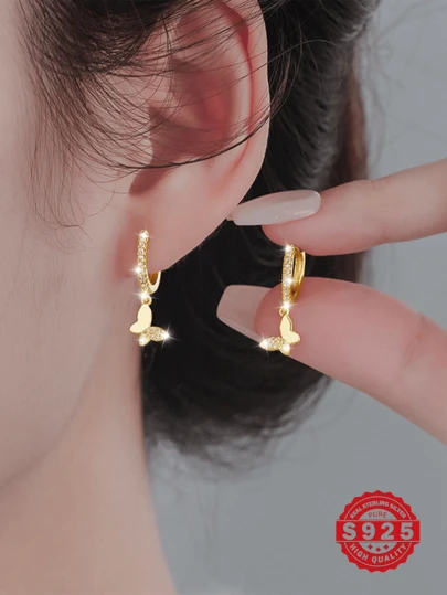 1 对 925 纯银珠宝微镶锆石蝴蝶环状耳环，优雅可爱性感的设计，适合派对、礼物、日常佩戴，配有精致礼品盒