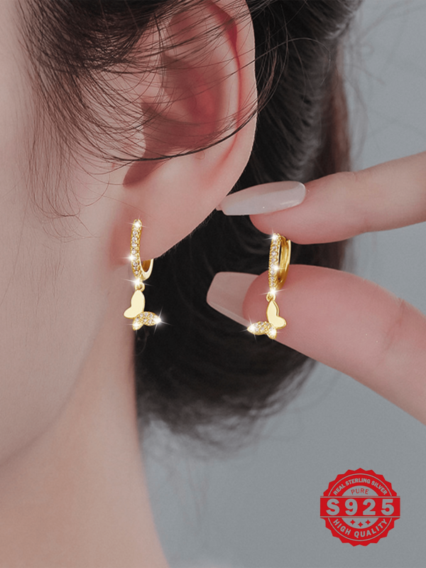 1 Pair 925 Sterling Silver Jewelry Micro Pave Zirconia Butterfly Hoop Earrings, Elegant Cute Sexy Design, Suitable For Party, Gift, Daily Wear, Comes With Delicate Gift Box