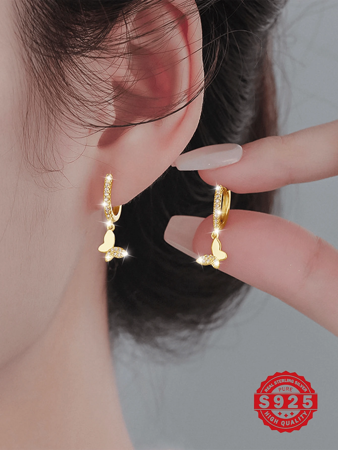 1 对 925 纯银珠宝微镶锆石蝴蝶环状耳环，优雅可爱性感的设计，适合派对、礼物、日常佩戴，配有精致礼品盒