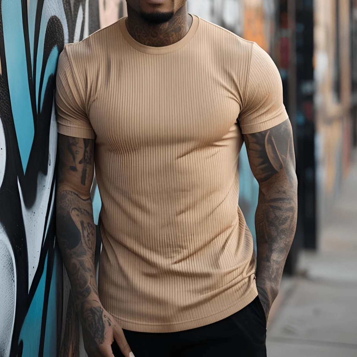 American Style Slim Fit Textured Ribana Premium T-Shirt - Beis - Ver 1