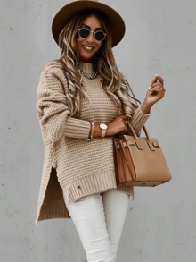 Top tejido de cuello alto, camiseta casual con aberturas laterales, ropa de mujer