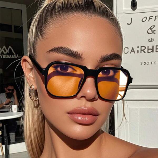 1 Pair Orange Oversized Square Frame Fashion Glasses For Men & Women, Elegant, Suitable For Traveling And Sports Style