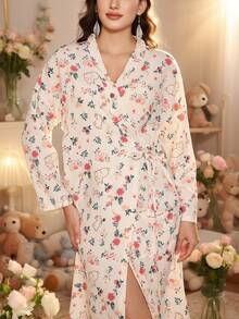 Damska sukienka-szlafrok w kwiaty – długi rękaw, dekolt w serek, miękka koszula nocna do domu i na jesień