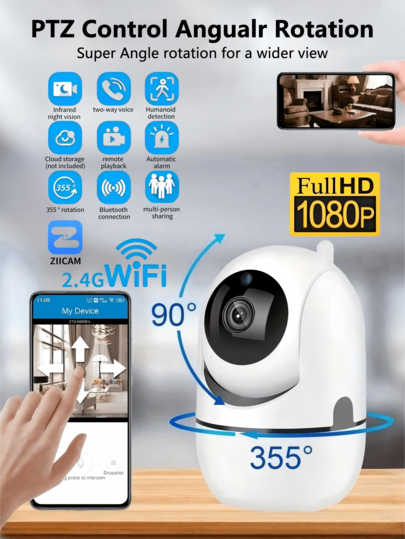 closeli 1pc 1080P+355° Panoramic PTZ Wireless Home Security Camera, 2.4G WiFi HD Night Vision, Mobile Remote Monitoring, Multi-User Sharing, Two-Way Audio, Remote Playback, Automatic Alarm