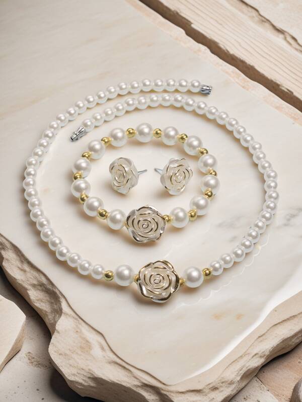 1 Set Faux Pearl Rose Jewelry Set Including Necklace, Bracelet, Earrings, Elegant Vintage Style Accessories Gift For Women, Suitable For Party And Daily Wear