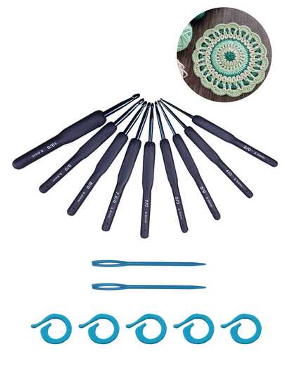 10pcs Blue Handle Ergonomic Crochet Hook Set | Crochet Tools (Includes Crochet Hooks, Stitch Markers And Sewing Needles)