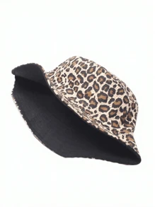1 Peça Chapéu de Balde Preto Reversível com Estampa de Leopardo para Mulheres, Chapéu Casual para Uso Externo Adequado para o Dia a Dia