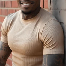 American Style Slim Fit Textured Ribana Premium T-Shirt - Beis - Ver 5