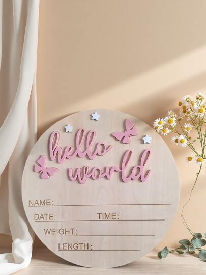 1pc Newborn Photography Prop "Hello World" Baby Birth Announcement Board, Wooden Baby Name Sign, Baby Keepsake, Baby Shower Easter Gift, Unisex