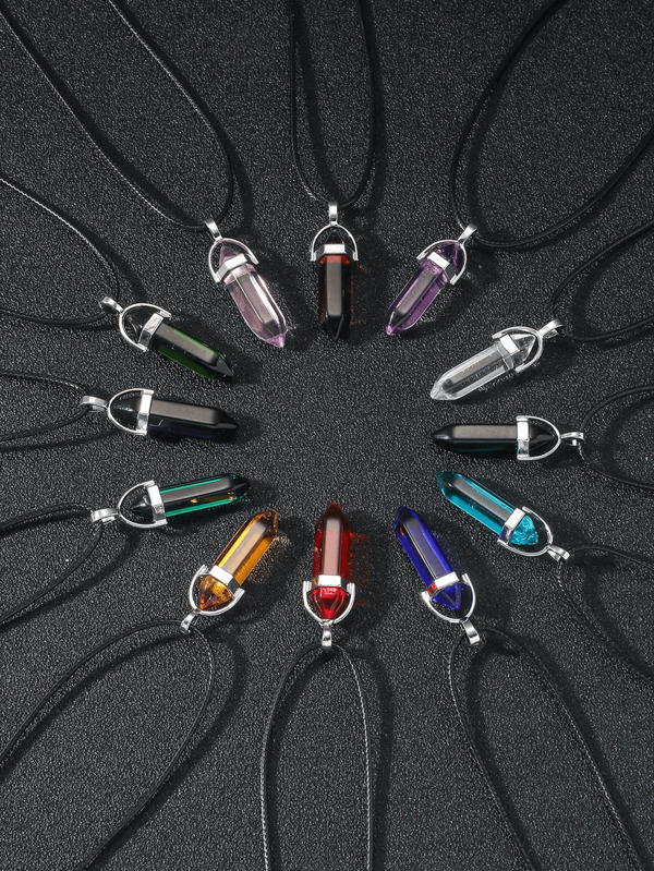 12pcs Men's Multi-Color Crystal Agate Stone Necklace, Friend Or Couple Jewelry Gift