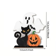 1 件农舍万圣节装饰品 - 木制鬼魂和黑猫桌标、立式桌面中心装饰、南瓜和猫主题、万圣节快乐，适合节日书桌和派对架 - 彩色 - 查看 8