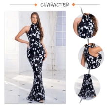 TOUCHGTINDAS  Elegant Flowers Sleeveless O Neck Evening Prom Dress Bodycon Sequin Mermaid Long Lining Party Gown Floor Length Dresses