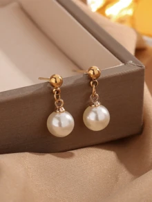 1 对（2 件）日韩风格优雅珍珠耳环，精致设计，适合秋冬 - 金色 - 查看 2