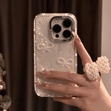 1 pieza Funda de lujo con diseño 3D de mariposa de perlas y rhinestones para iPhone 16/15/14/13/12 Pro Max/11, funda de teléfono con diseño de cristales brillantes y tacto premium