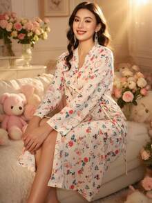 Damska sukienka-szlafrok w kwiaty – długi rękaw, dekolt w serek, miękka koszula nocna do domu i na jesień