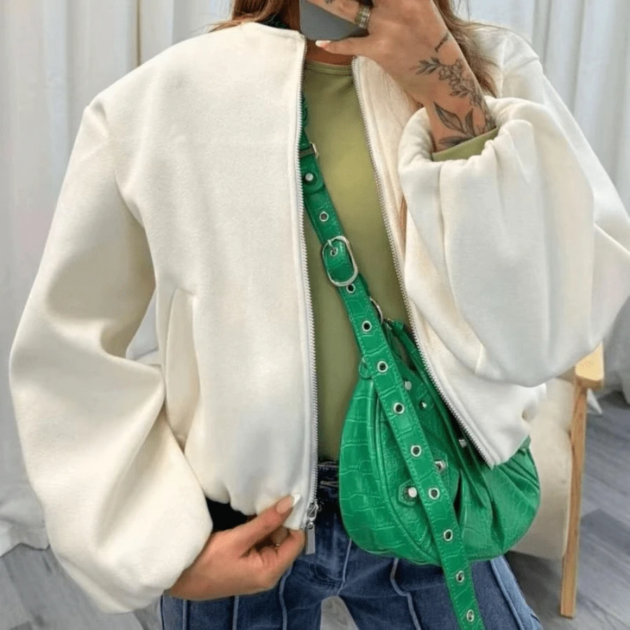 Ladies Bomber Jacket Shacket Long Sleeve Balloon Style Chic Classy Coat - Tops - Cream - View 1