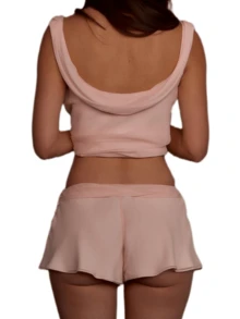 2 Piece Short Sets For Women Contrast Trim Tops Drawstring Shorts Summer Matching Set - Pink - View 4