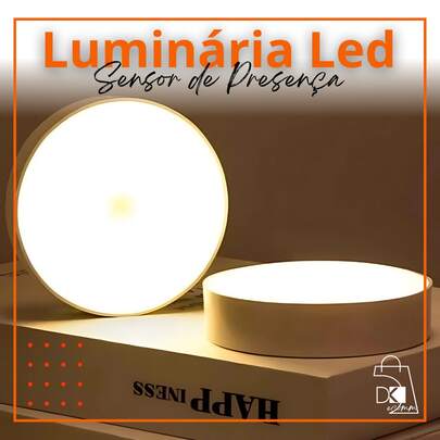 Kit Luminária Sensor de Presença Lâmpada Led Sem Fio Recarregável Cabo USB Luz Branco Quente