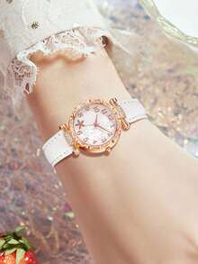 Bộ 5 món gồm dây đeo bằng da PU màu trắng dành cho nữ, mặt đồng hồ hoa văn tối giản thời trang, vạch số, đồng hồ thạch anh, dây chuyền, nhẫn và bông tai, thích hợp để đeo hàng ngày, trang trí hoặc làm quà tặng ngày lễ. - trắng - Xem 4